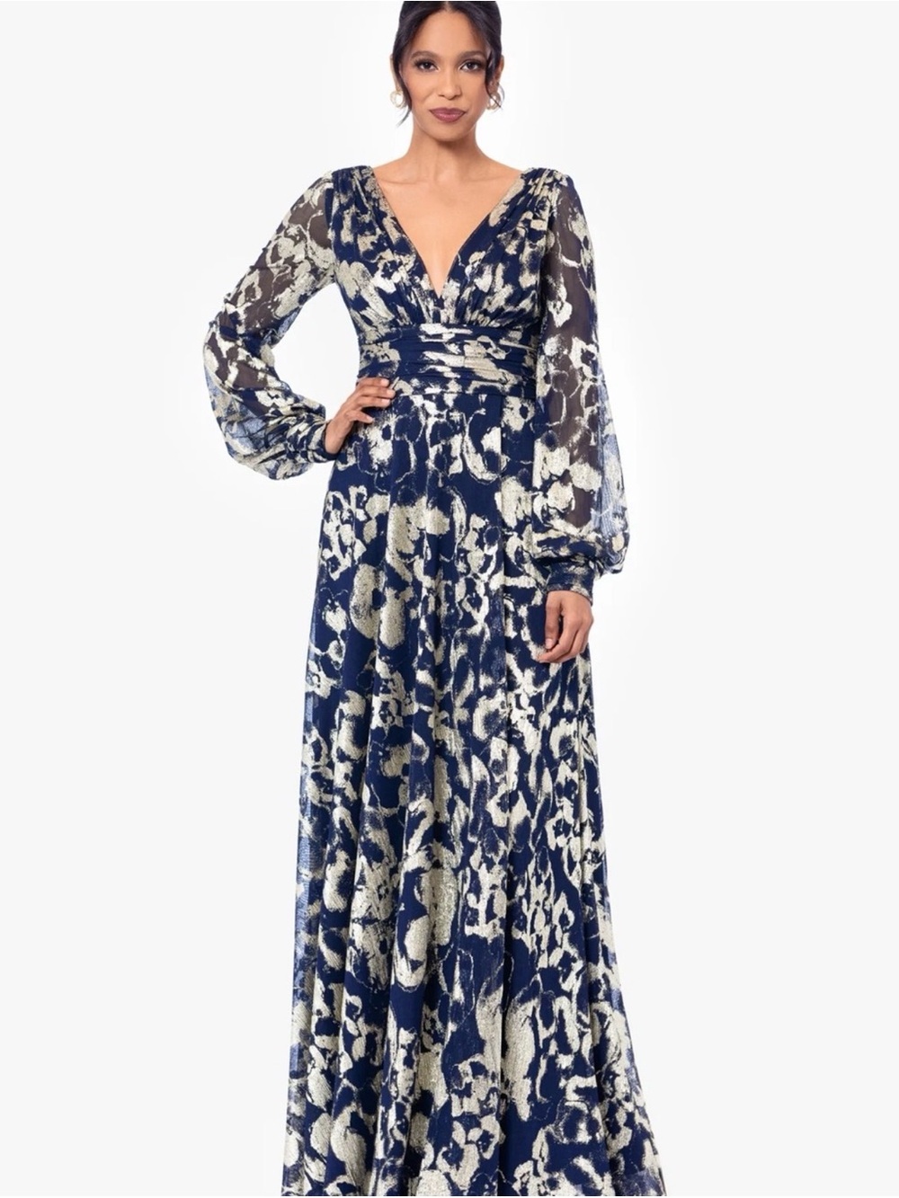 Betsy & Adam Navy and Cream V-Neck Long Sleeve Floral Maxi Dress
